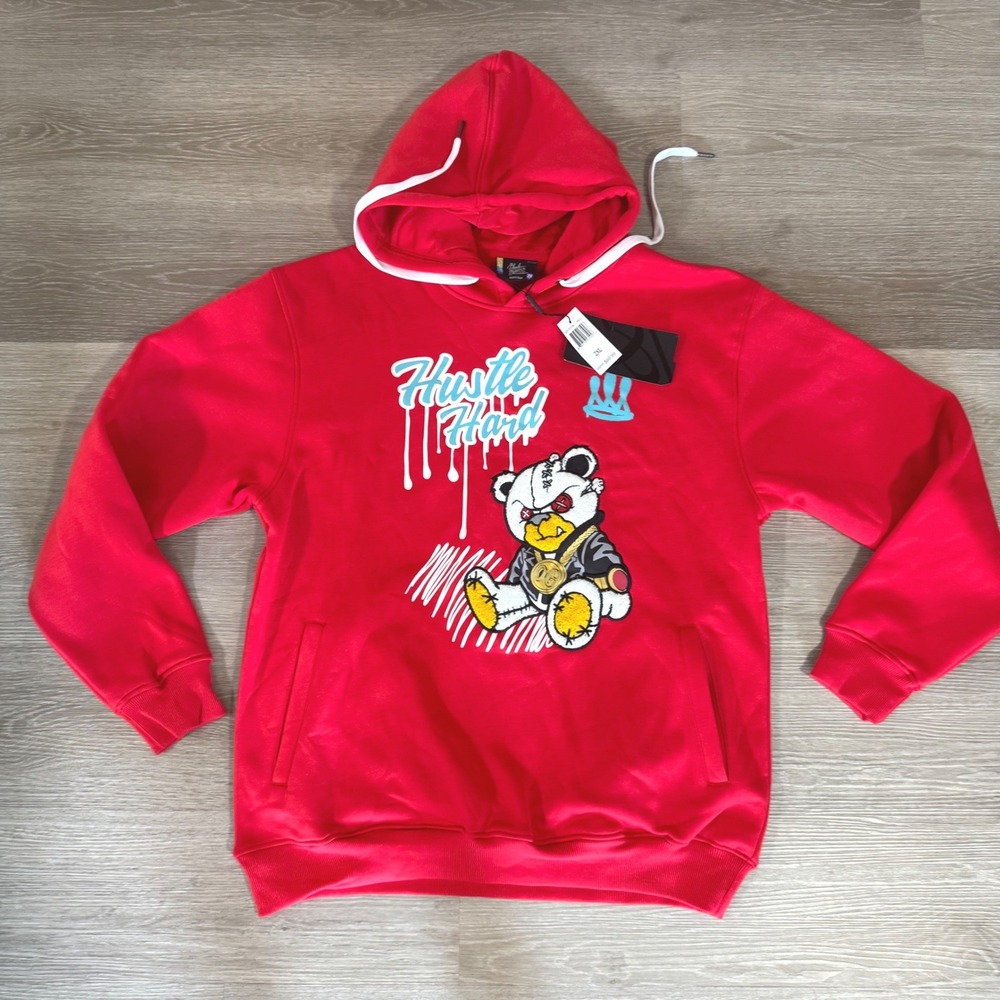 Bleecker & Mercer Hoodie Mens 2XL Red Hustle Hard OG Bear Graphic F1174 NWT